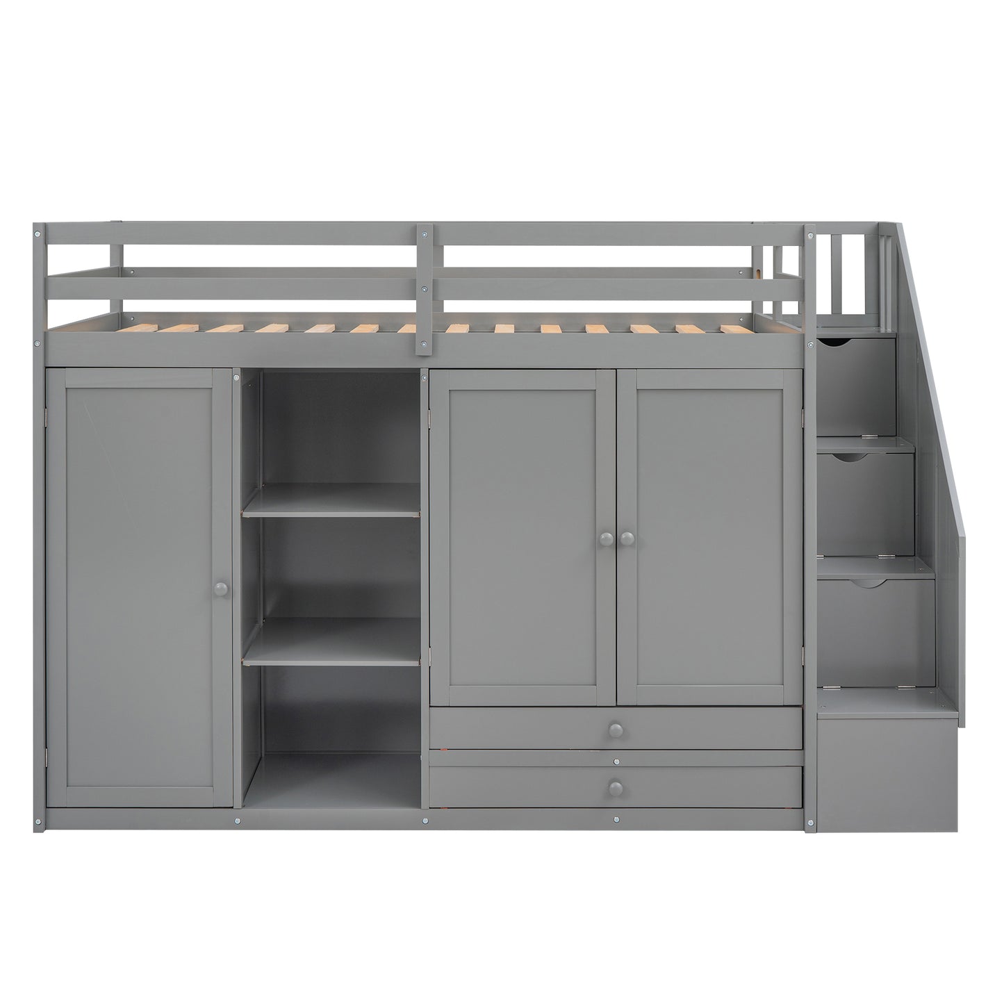 Functional Loft Bed with 3 Shelves, 2 Wardrobes and 2 Drawers,  Ladder with Storage, No Box Spring Needed, Gray