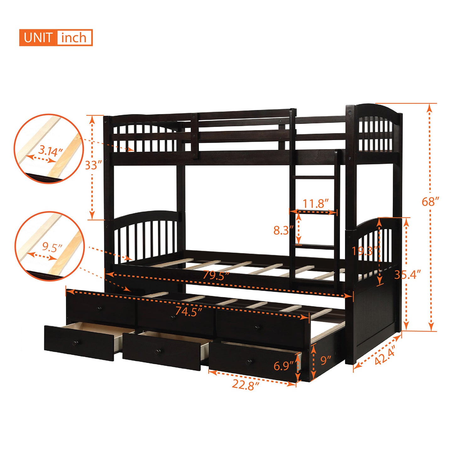 Twin Bunk Bed with Ladder, Safety Rail, Twin Trundle Bed with 3 Drawers for Teens Bedroom, Guest Room Furniture(Espresso)