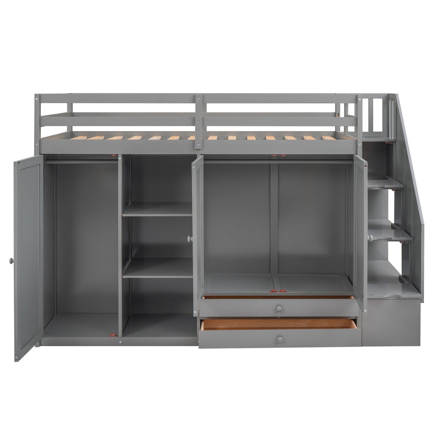 Functional Loft Bed with 3 Shelves, 2 Wardrobes and 2 Drawers,  Ladder with Storage, No Box Spring Needed, Gray