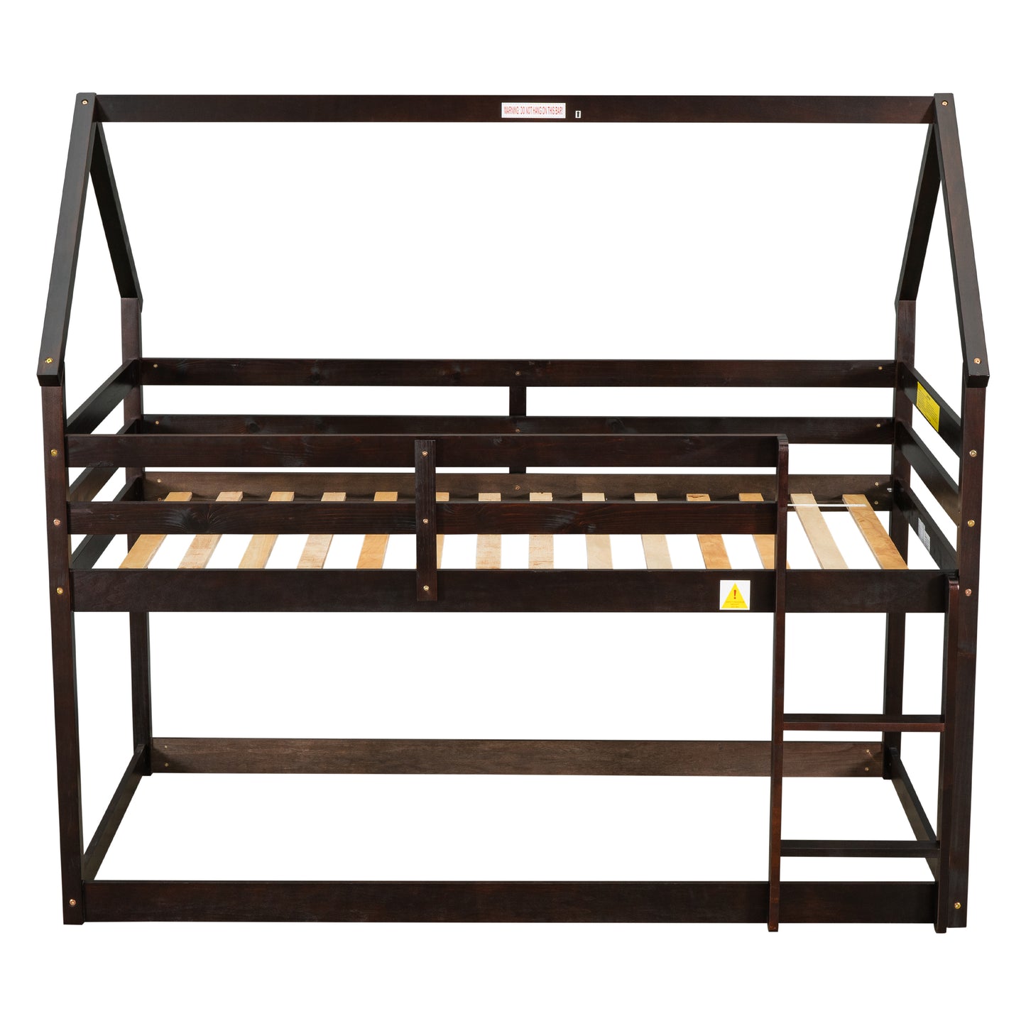 Twin over Twin Loft Bed with Roof Design, Safety Guardrail, Ladder, Espresso
