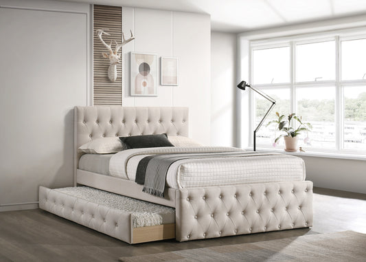 Full Size Light Brown Platform Bed with Trundle - Burlap Upholstered Tufted Headboard & Footboard