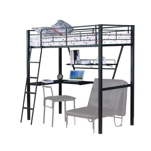 Twin Black and Silver Metal Loft Bed with L-Shaped Desk and Storage Shelf