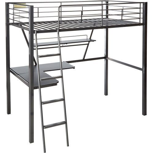 Twin Black and Silver Metal Loft Bed with L-Shaped Desk and Storage Shelf