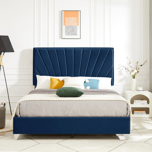 Full Upholstered Platform Bed with Beautiful Line Stripe Cushion Headboard, Metal Legs with Electroplate - Blue