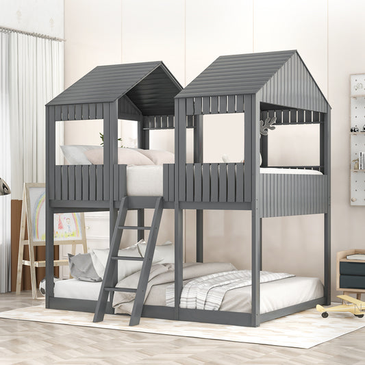 Full Over Full Wood Bunk Bed with Roof, Window, Guardrail, Ladder(Gray)