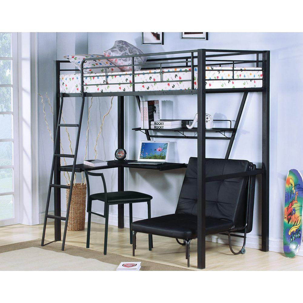Twin Black and Silver Metal Loft Bed with L-Shaped Desk and Storage Shelf-Loft Bed-HomeDaybed