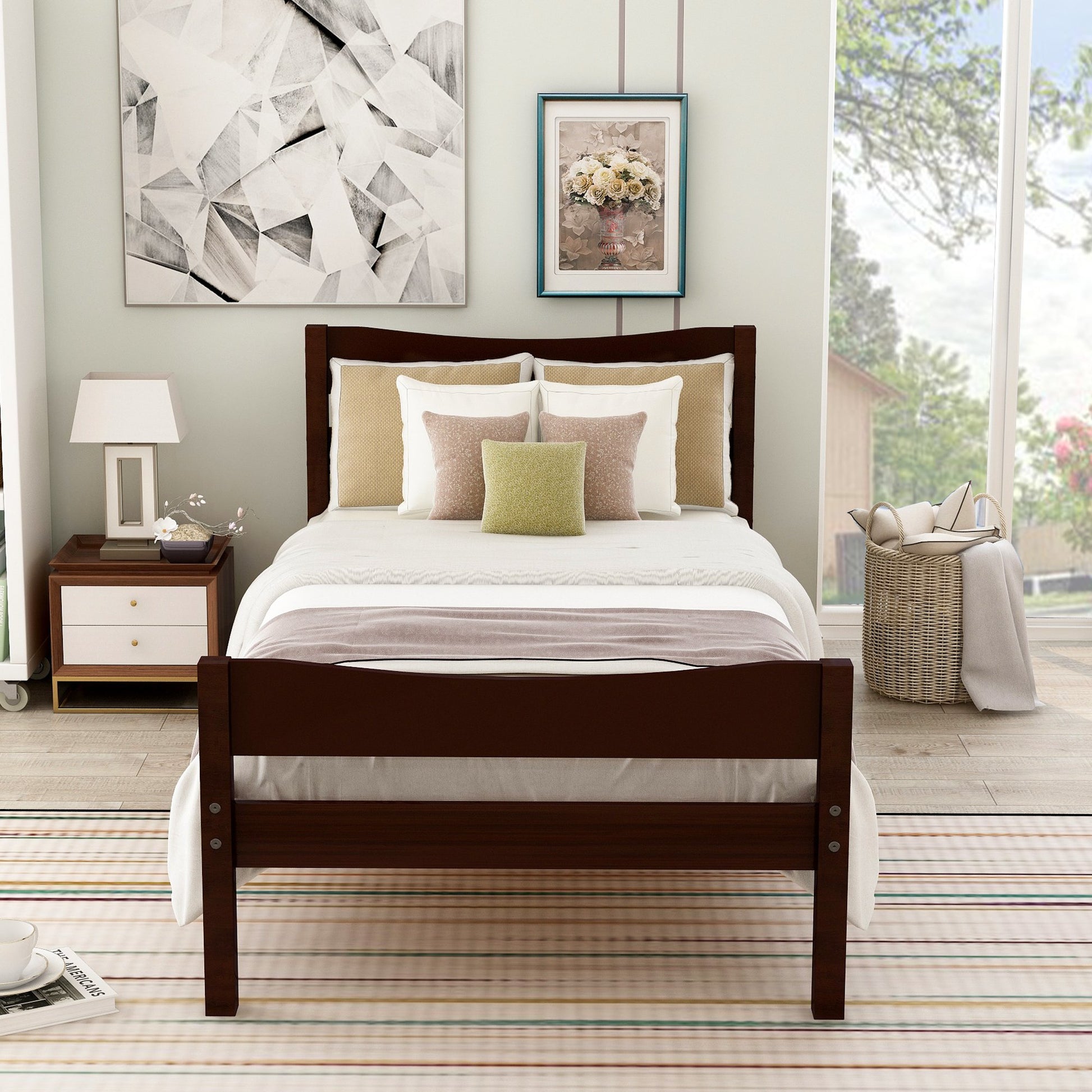 Twin Espresso Pinewood Platform Bed with Headboard and Footboard-Platform Bed-HomeDaybed