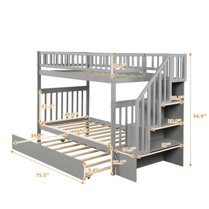 Twin over Twin Gray Pinewood Bunk Bed with Twin Trundle, Staircase and ...