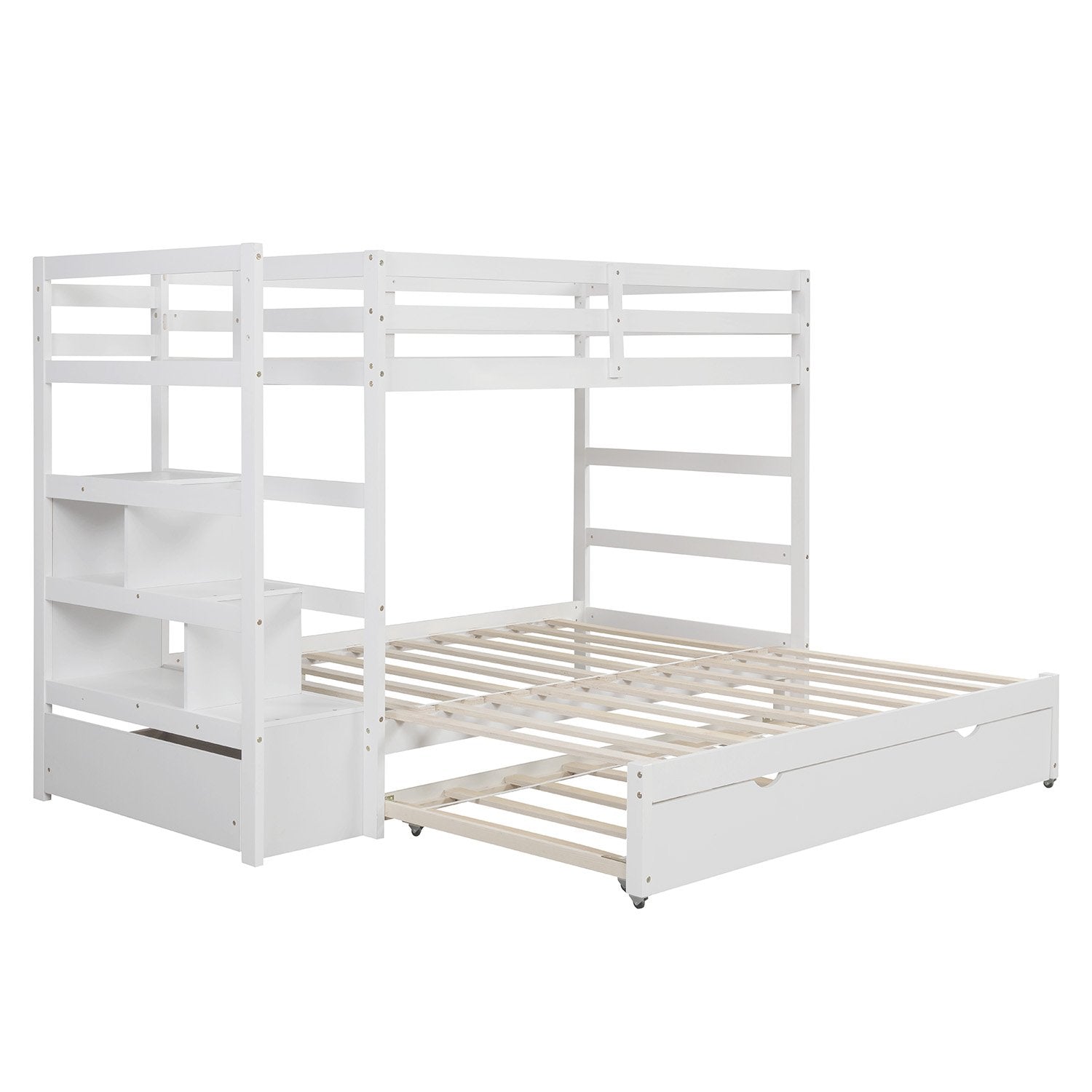 Twin-over-Twin White Pinewood Storage Bunk Bed with Twin Trundle, Exte ...
