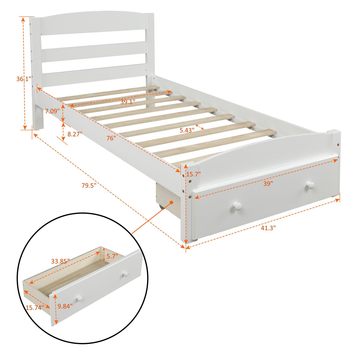Twin White Pinewood Platform Bed with Drawer for Storage-Platform Bed-HomeDaybed